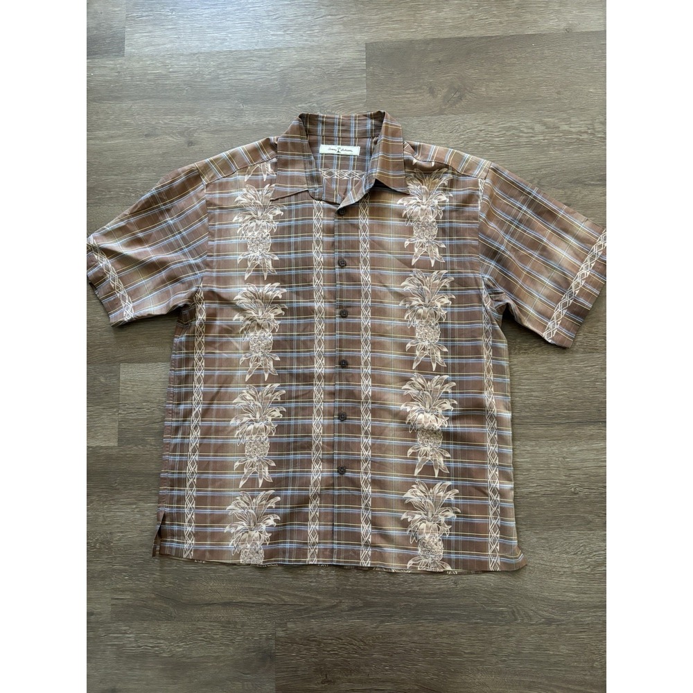 Tommy Bahama Shirt Mens L Brown Hawaiian Camp 100% Silk Pineapple‎ Check Button